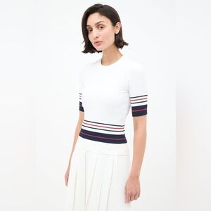 THOM BROWNE Stripe Print Ribbed Knit Top White Navy Blue Red Striped Size 42 6 S